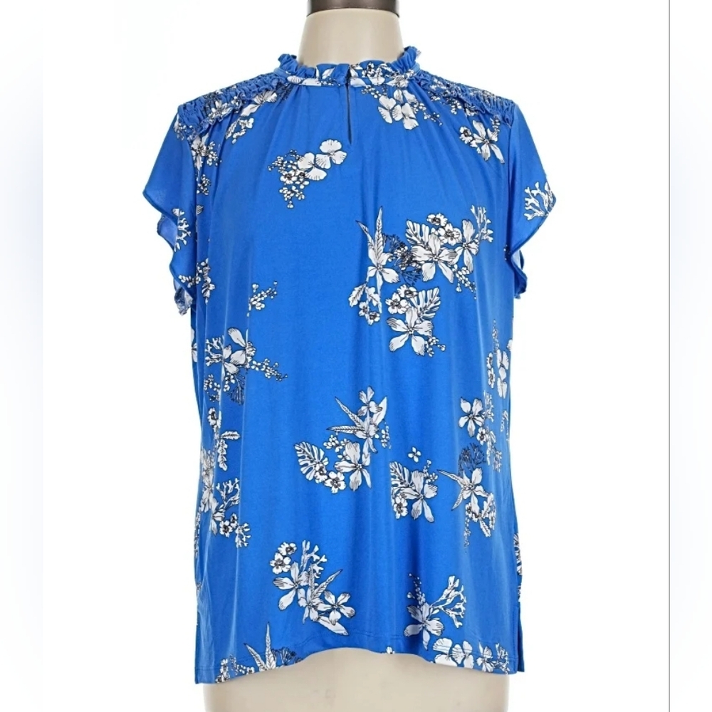 Liz Claiborne Floral Split V Neck Smocked Shoulders Top, Small, Blue